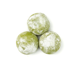 Matcha mochi rice cake, green tea daifuku, Japanese traditional dessert, round wagashi