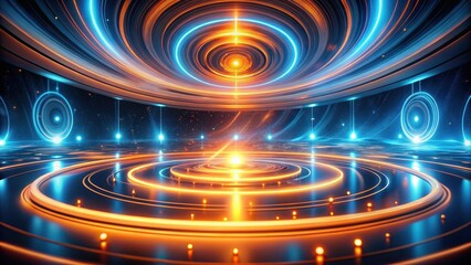 Obraz premium Abstract Futuristic Stage Design with Glowing Circular Lights and Energy Beams