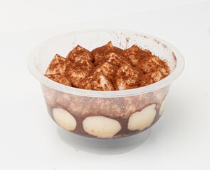 Tiramisu Cake Isolated, Coffee Dessert, Italian Tiramisu Biscuit with Mascarpone and Cocoa Powder