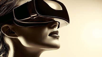 Profile of a Woman Using Virtual Reality Headset on Neutral Background