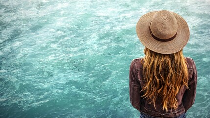 Woman with Long Hair Wearing Hat Enjoying Ocean View at Shoreline