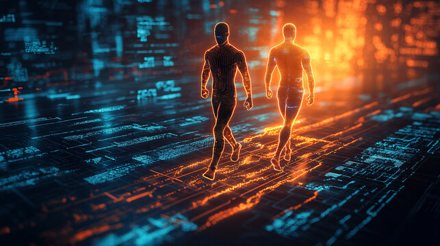 cardiovascular Futuristic figures walking through a digital landscape of glowing data.
