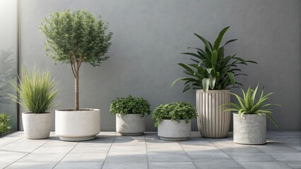 Group of potted plants including a small tree and tropical greenery on a minimalist patio with a gray wall, showcasing modern outdoor design