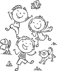 Funny cartoon kids playing outdoor. Outline children having funn together. Doodle boys and girl activity, sketch clipart