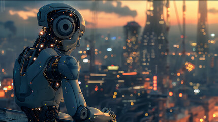 Fototapeta premium Lonely Cybernetic Robot Overlooking Futuristic Cityscape