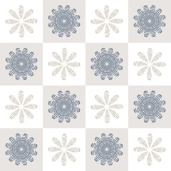 abstract seamless beige winter square pattern with snowflakes for textiles