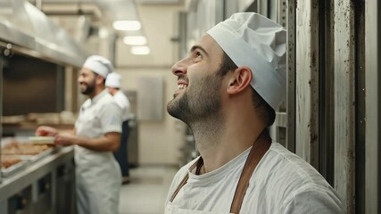 Joyful chefs working together in a bustling kitchen during dinner service at a restaurant