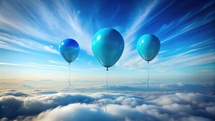 Obraz premium Three azure balloons drift serenely above a boundless expanse of fluffy white clouds, painted against a vibrant blue sky streaked with wispy cirrus formations.