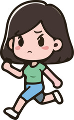 Cartoon woman character action, tired, emotions, running, walking, standing