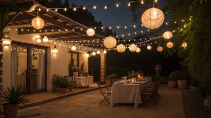 Fototapeta premium Festive outdoor patio decorated with string lights and paper lanterns, creating a magical and inviting ambiance for a nighttime celebration