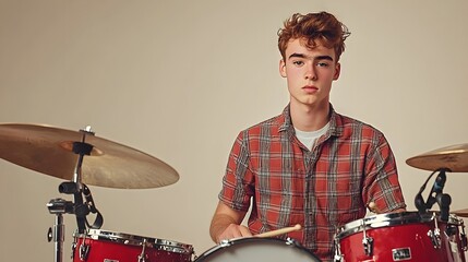 Young male drummer in plaid shirt focused on drumming performance