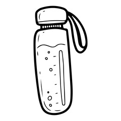 Sports water bottle. Hand drawn doodle. Beverage. Drinking liquid. Healthy lifestyle. Plastic container with lid. Vector line art illustration.