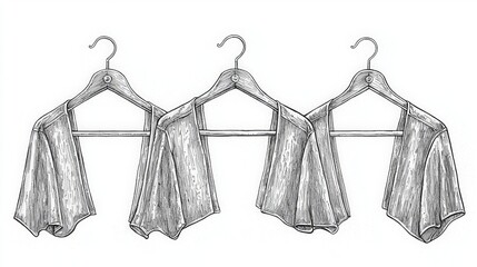 Hand-drawn illustration of three fashion garments on wooden hangers in a minimalist design