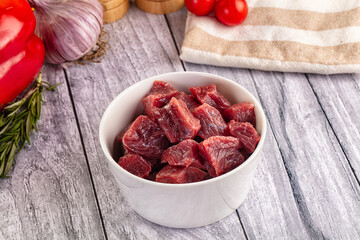 Raw beef meat cubes pieces