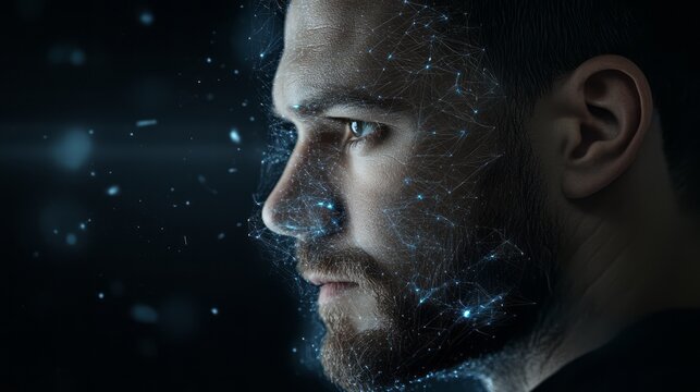  A man with facial biometric data being used as the user interface for digital security, against a dark background. 
