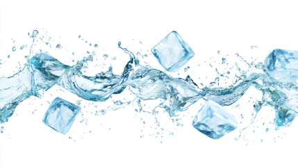 Obraz premium Ice cubes with water splash and drops. Cold mineral water, natural aqua or cocktail drink realistic vector splashes or frozen motion ripples ice cubes. beverage, soda isolated white background