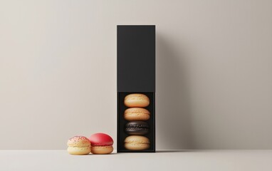 Luxury macaron packaging with a sleek black box and colorful gourmet pastries