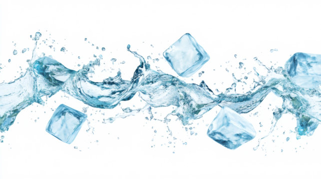 Ice cubes with water splash and drops. Cold mineral water, natural aqua or cocktail drink realistic vector splashes or frozen motion ripples ice cubes. beverage, soda isolated white background