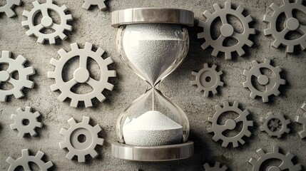Hourglass Surrounded by Gears Representing Time and Mechanism