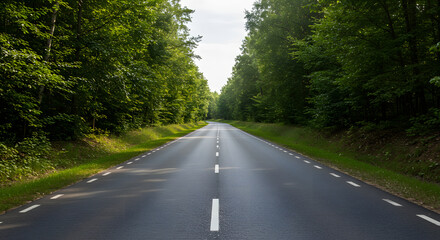 Fototapeta premium Picturesque Asphalt Highway Stretching Through Lush Greenery in the Warm Summer Sun 