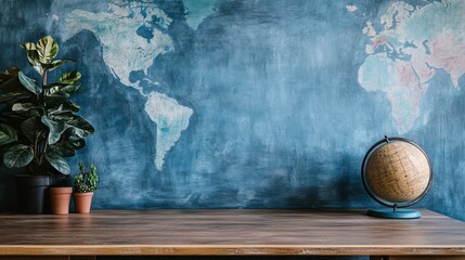 Stylish home office setup with world map and globe on table