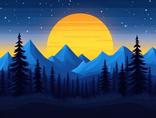 Serene sunset over majestic mountains with silhouette of pine trees