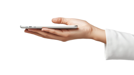 Hand presenting a slim laptop, isolated on transparent background