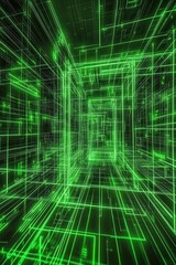 Obraz premium Abstract green digital corridor with glowing lines and patterns, evoking a futuristic environment