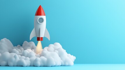 A small rocket model standing against a solid light blue background, symbolizing innovation, ambition, and exploration.