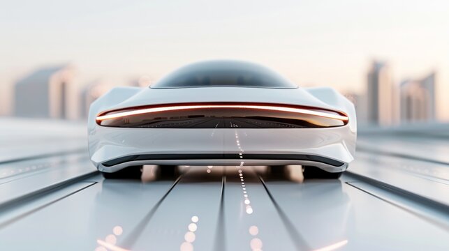 A futuristic hovercar on a digital road represents the next level of transportation. High-resolution clarity with sharp futuristic elements.