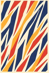 Fototapeta premium Abstract pattern with blue, red, yellow diagonal stripes on a beige background.