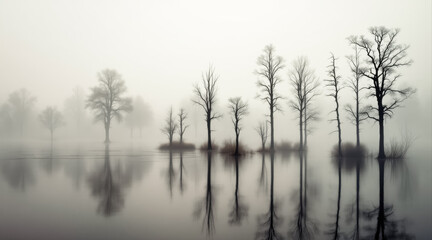 leafless trees reflecting in a misty lake