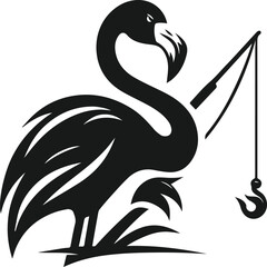 silhouette of a flamingo holding a fishing rod