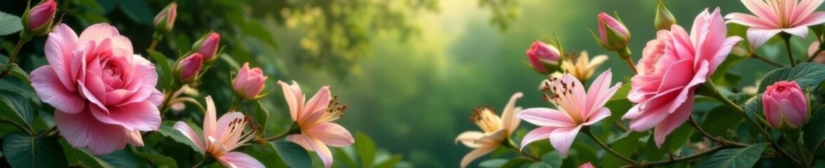 Fototapeta premium Serene botanical paradise showcasing roses, lilies, and hydrangeas in full bloom, elegant, outdoor, picturesque