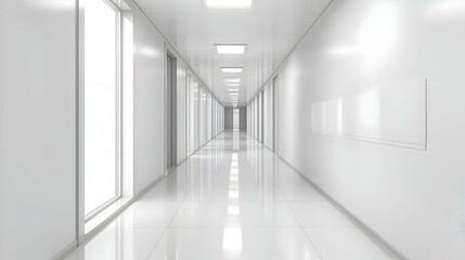 A contemporary white office corridor features