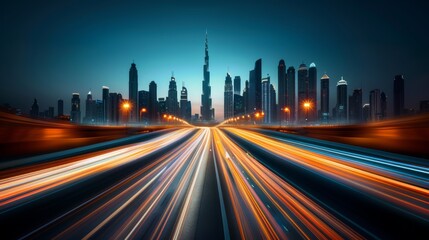 Obraz premium A time-lapse cityscape with moving lights represents the hustle and evolution of modern life. Defined elements and vibrant clarity.