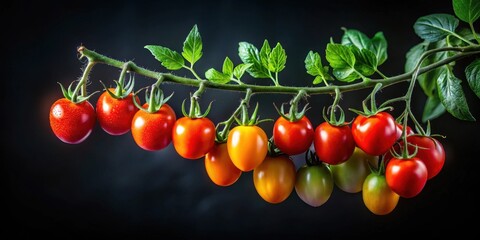 A vibrant branch of ripe cherry tomatoes, showcasing a spectrum of colors from deep red to sunny yellow, hangs against a dark backdrop, each plump fruit glistening with freshness