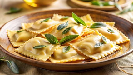 Delicious Homemade Ravioli with Fresh Sage Leaves on a Rustic Wooden Plate