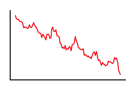 Downward trend, schematic chart. Declining red line graph depicting a downward trend with fluctuations, indicating decrease over time. Greatly simplified symbol of downturn, falling, and loss. Vector