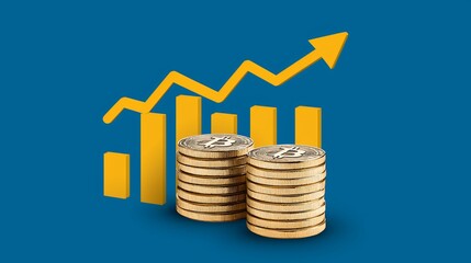 Gold Coins Stacked with Increasing Bar Graph on Blue Background Representing Financial Growth