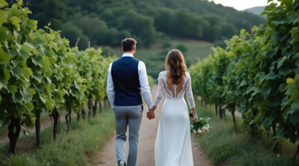 romantic couple walking hand-in-hand through a vineyard