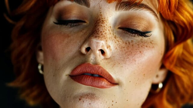 Beauty portrait of a woman with vibrant orange hair showcasing freckles and a soft makeup look