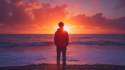 scene captures a young man and peaceful sunrise as first rays of light emerge over horizon illuminating calm sea and symbolizing start of a fresh day and mental health