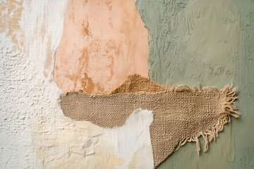 Textured background featuring hand-applied plaster, woven linen, and organic fibers in warm boho tones of beige, terracotta, sage green, and off-white. Ideal for lifestyle and product photography