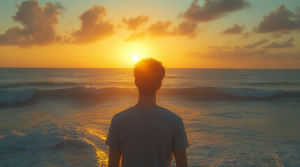 scene captures a young man and peaceful sunrise as first rays of light emerge over horizon illuminating calm sea and symbolizing start of a fresh day and mental health
