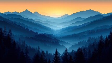 Obraz premium Serene Mountain Landscape at Sunrise with Misty Valleys and Lush Evergreen Forests