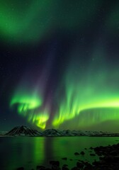 Beautiful aurora borealis northern lights in night sky over snowy landscape