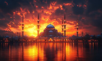 Naklejka premium Majestic Mosque Sunset Dramatic Sky Golden Hour Reflection Peaceful Architecture Art Red Calm Hope 