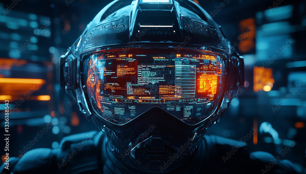 Poster futuristic helmet displaying augmented reality interface with data