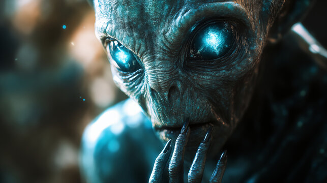 Alien close-up with glowing blue eyes and textured skin, concept of extraterrestrial life and space exploration for science fiction design